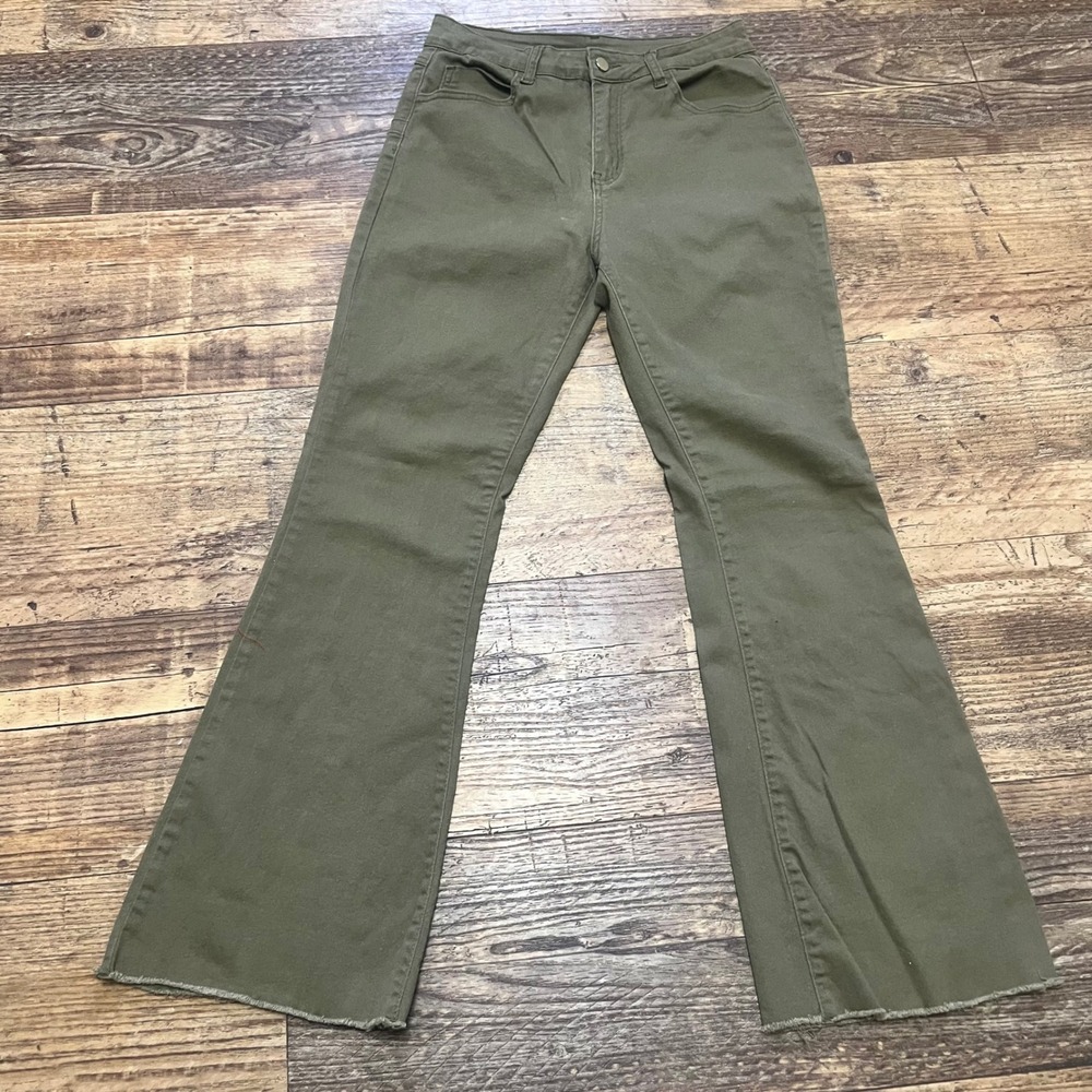 Unbranded Olive Green High Rise Flare Jeans Raw Hem Size L Stretch Denim Pants